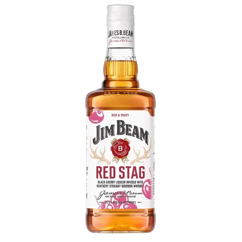 Jim Beam Red Stag Black Cherry US Release Kentucky Straight Bourbon Whiskey bottle on a plain background